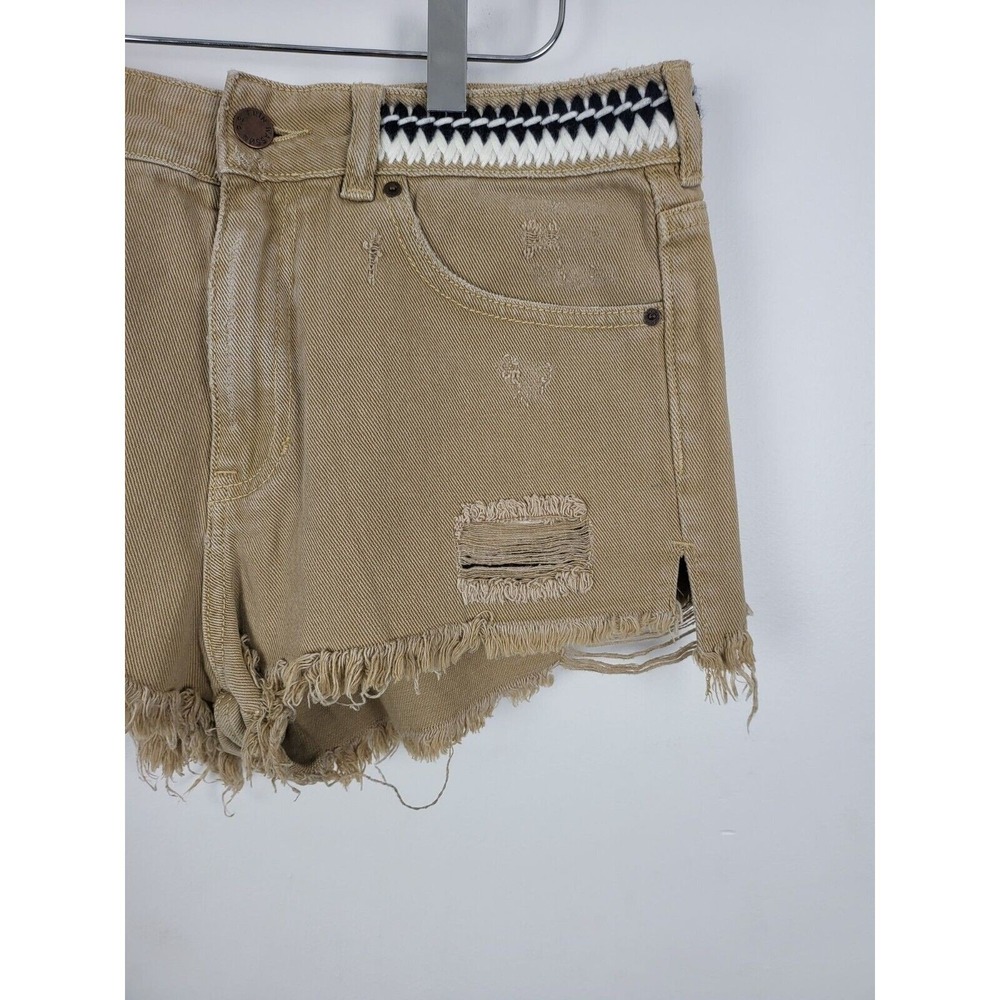 P.S. Erin Wasson Tan Shorts 28 Womens High Rise Raw Hem Embroidered Distressed - Picture 2 of 5